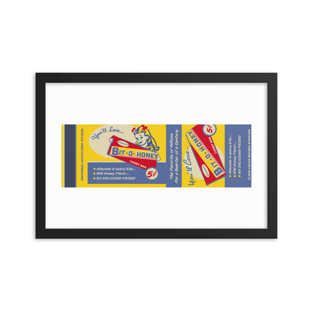 12” x 18” Vintage Inspired, Digitally Illustrated Matchbook Art, Schutter’s Bit-O-Honey, Retro Poster with Frame