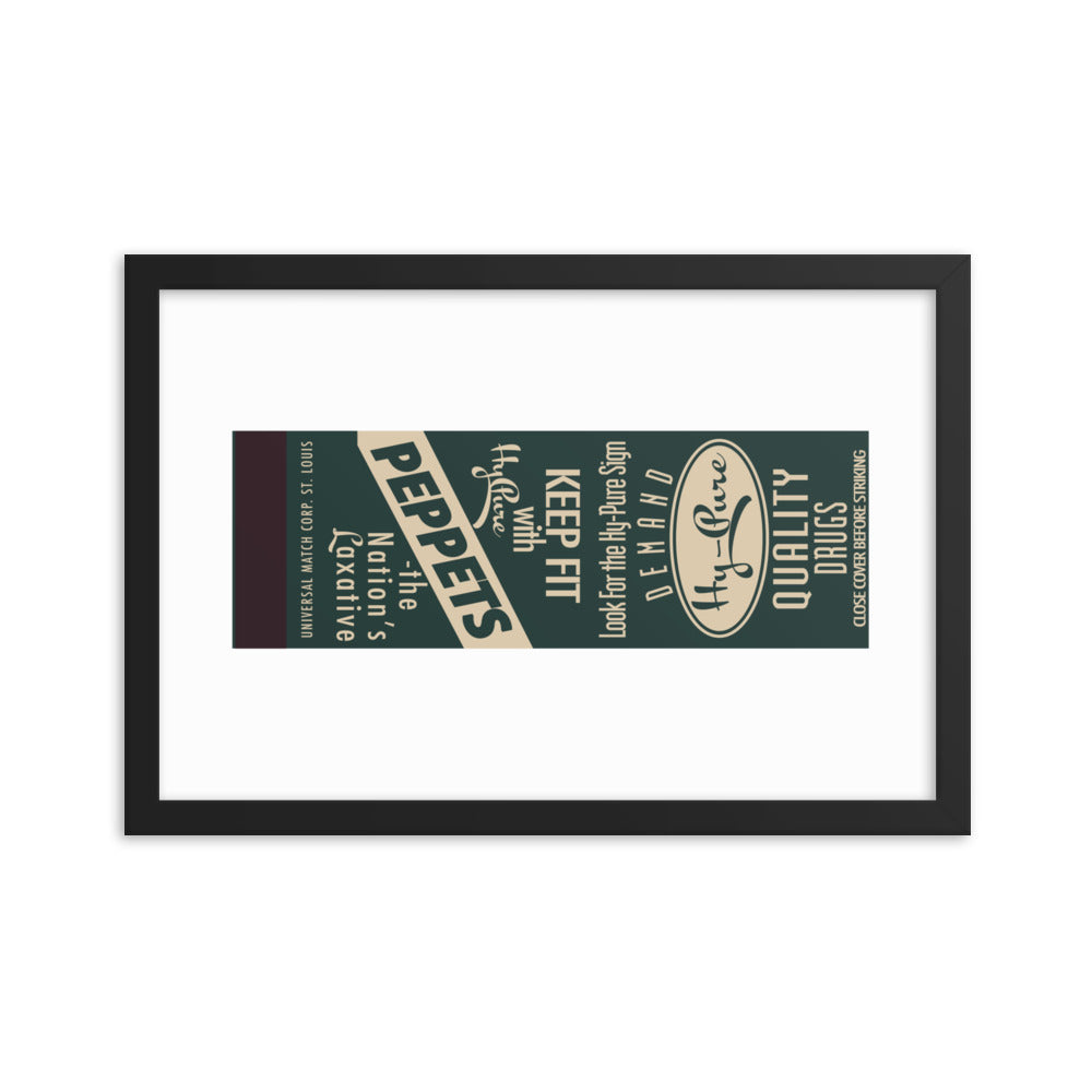 12” x 18” Vintage Inspired, Digitally Illustrated Matchbook Art, Peppets, HyPure Laxative, Retro Poster with Frame