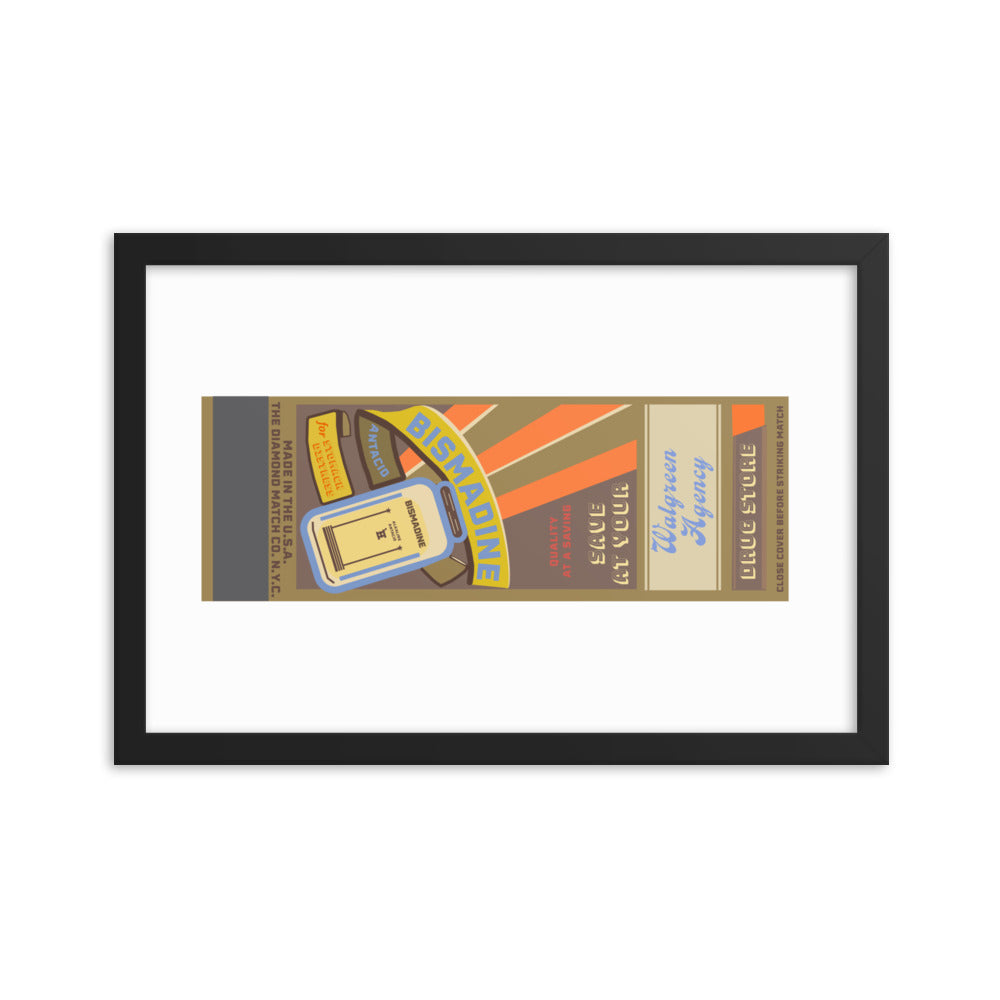 12” x 18” Vintage Inspired, Digitally Illustrated Matchbook Art, Walgreen Agency, Bismadine, Retro Poster with Frame
