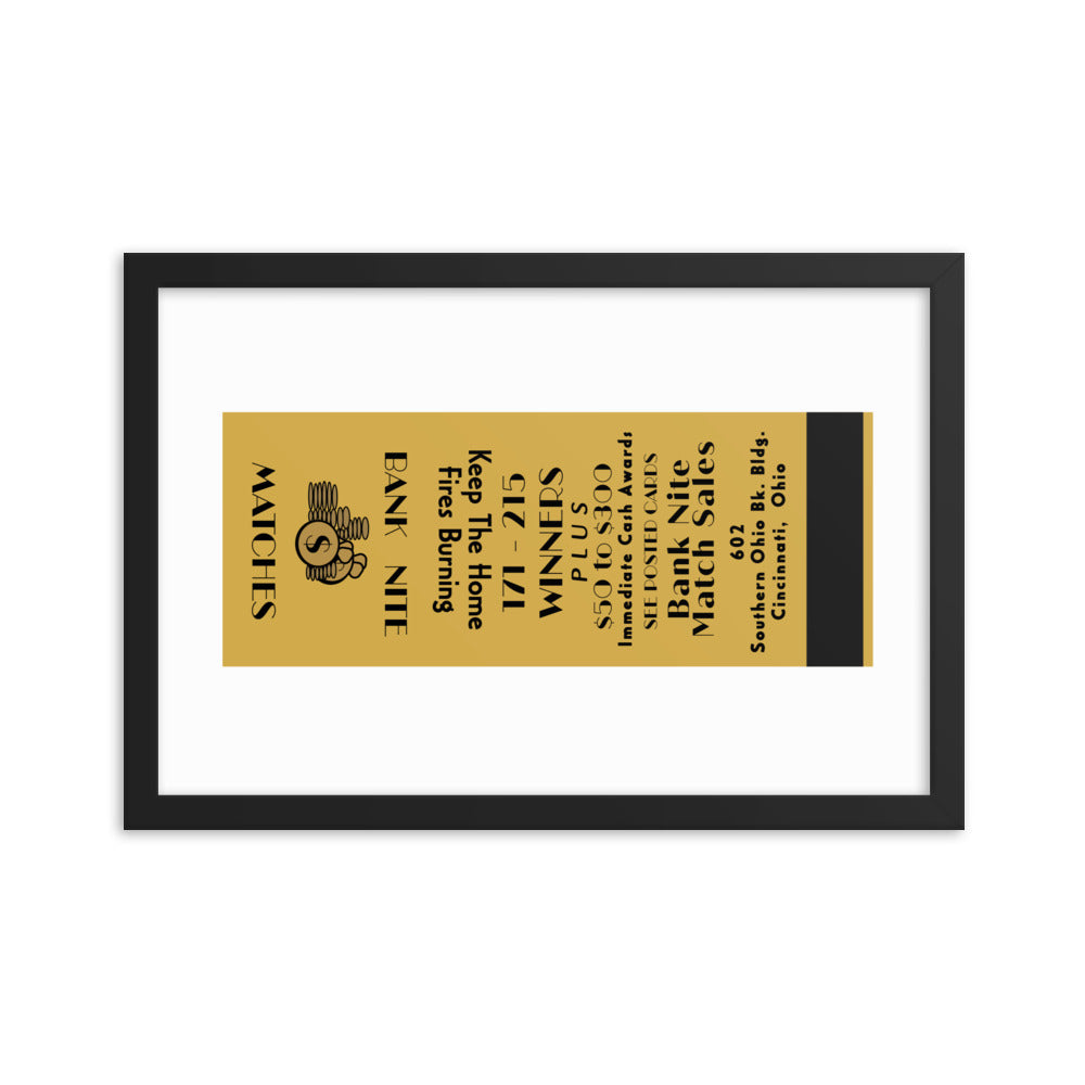 12” x 18” Vintage Inspired, Digitally Illustrated Matchbook Art, Bank Nite, Cincinnati, Ohio, Retro Poster with Frame