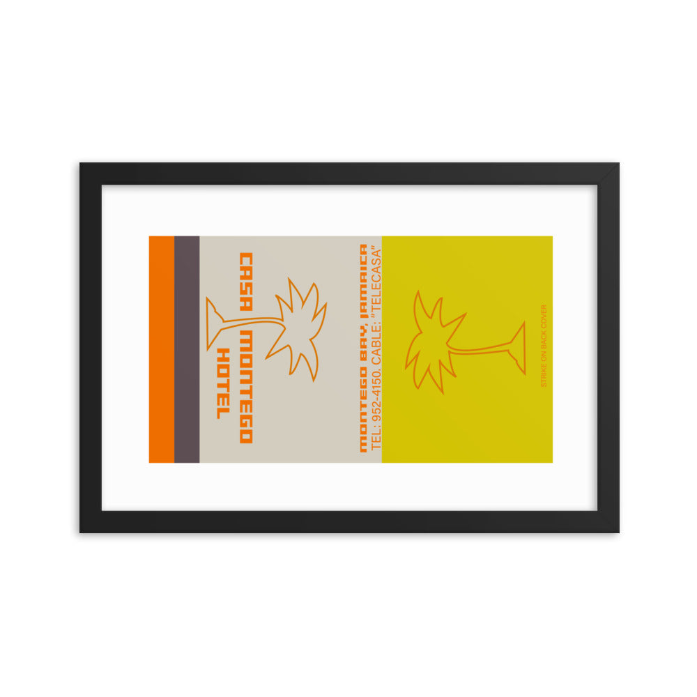12” x 18” Vintage Inspired, Digitally Illustrated Matchbook Art, Casa Montego Hotel, Jamaica, Retro Poster with Frame