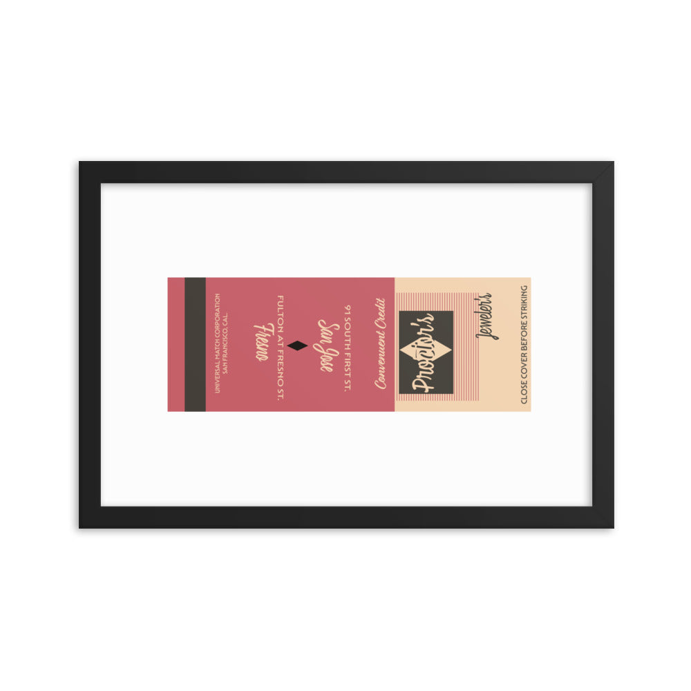 12” x 18” Vintage Inspired, Digitally Illustrated Matchbook Art, Proctor’s Jeweler’s, San Francisco, California, Retro Poster with Frame