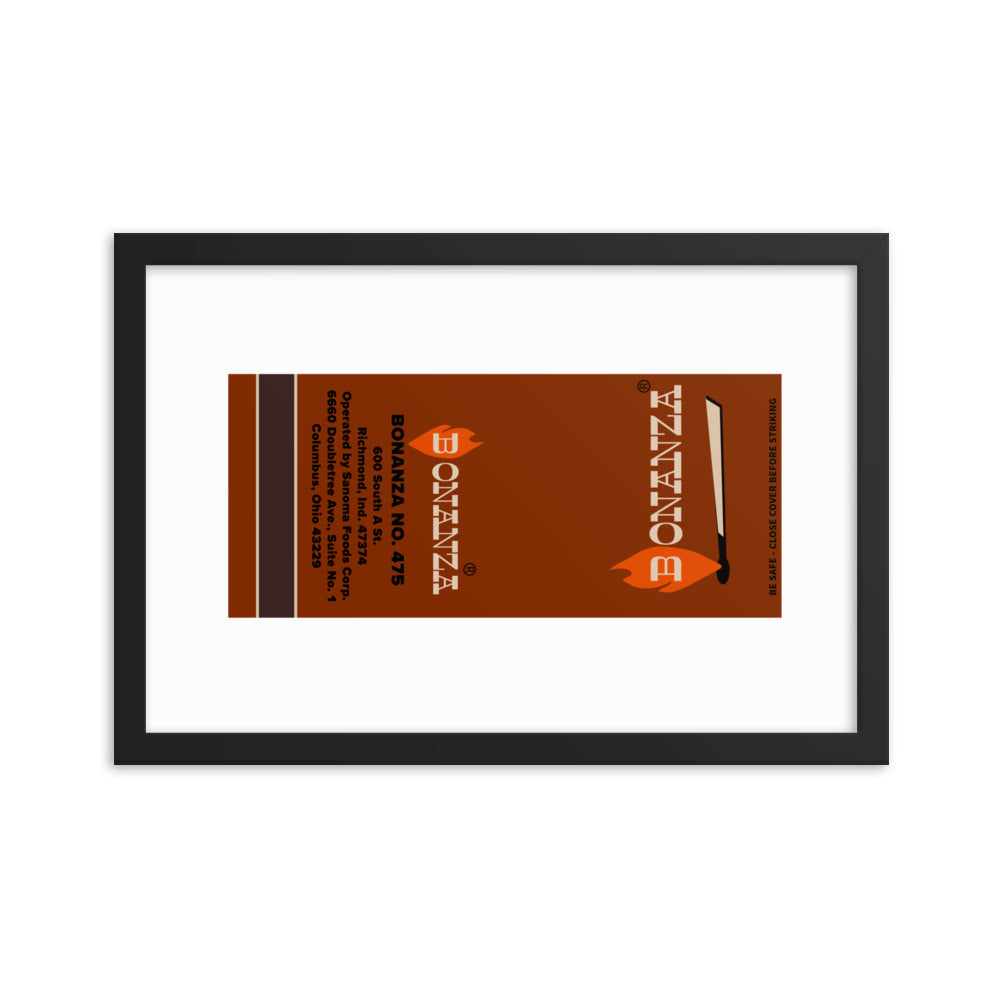 12” x 18” Vintage Inspired, Digitally Illustrated Matchbook Art, Bonanza Restaurant, Columbus, Ohio, Retro Poster with Frame