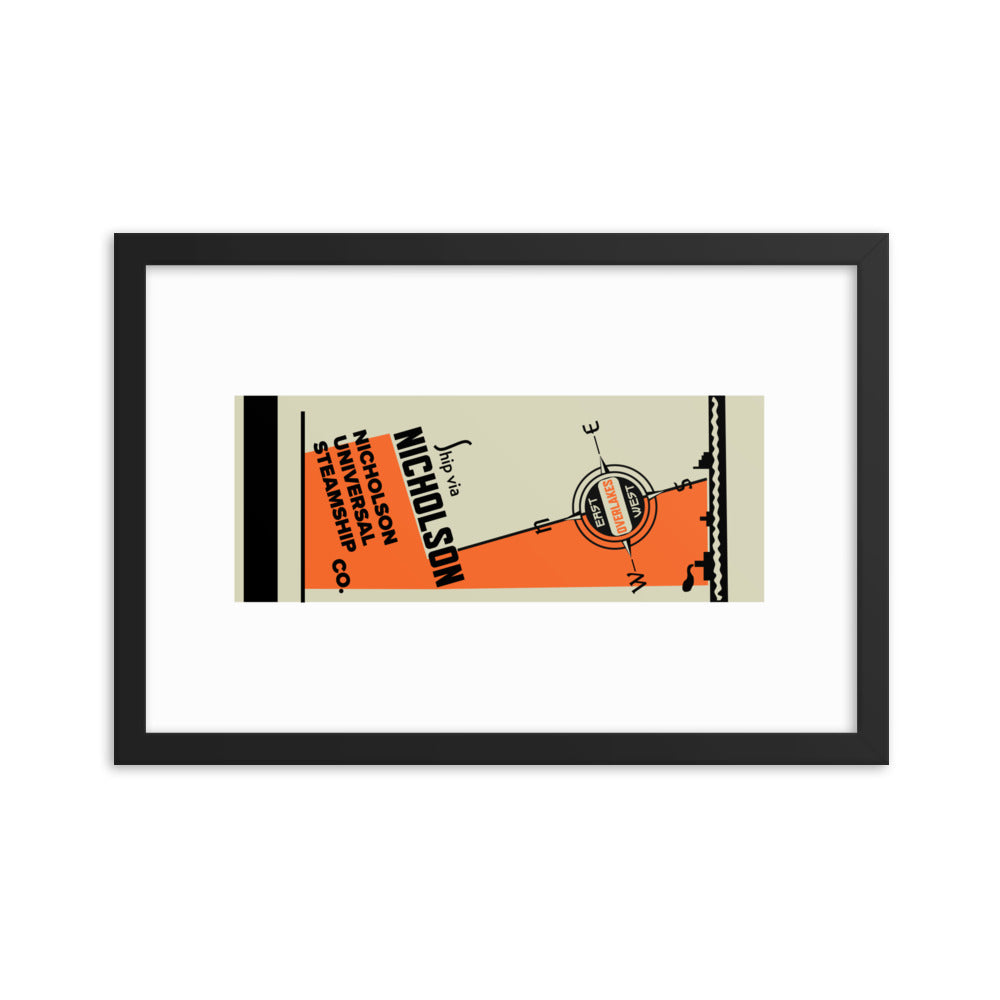 12” x 18” Vintage Inspired, Digitally Illustrated Matchbook Art, Nicholson Universal Steamship Co., Retro Poster with Frame