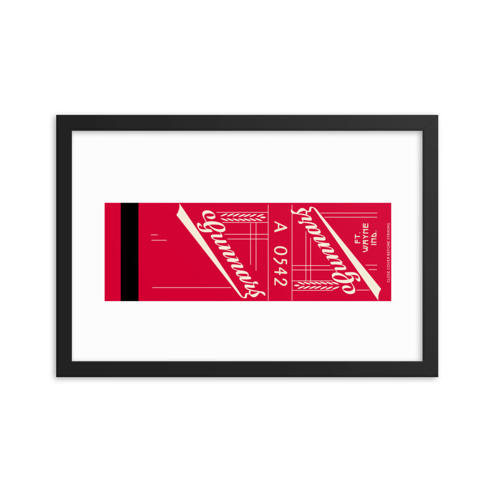 12” x 18” Vintage Inspired, Digitally Illustrated Matchbook Art, Gunnars, Fort Wayne, Indiana, Retro Poster with Frame