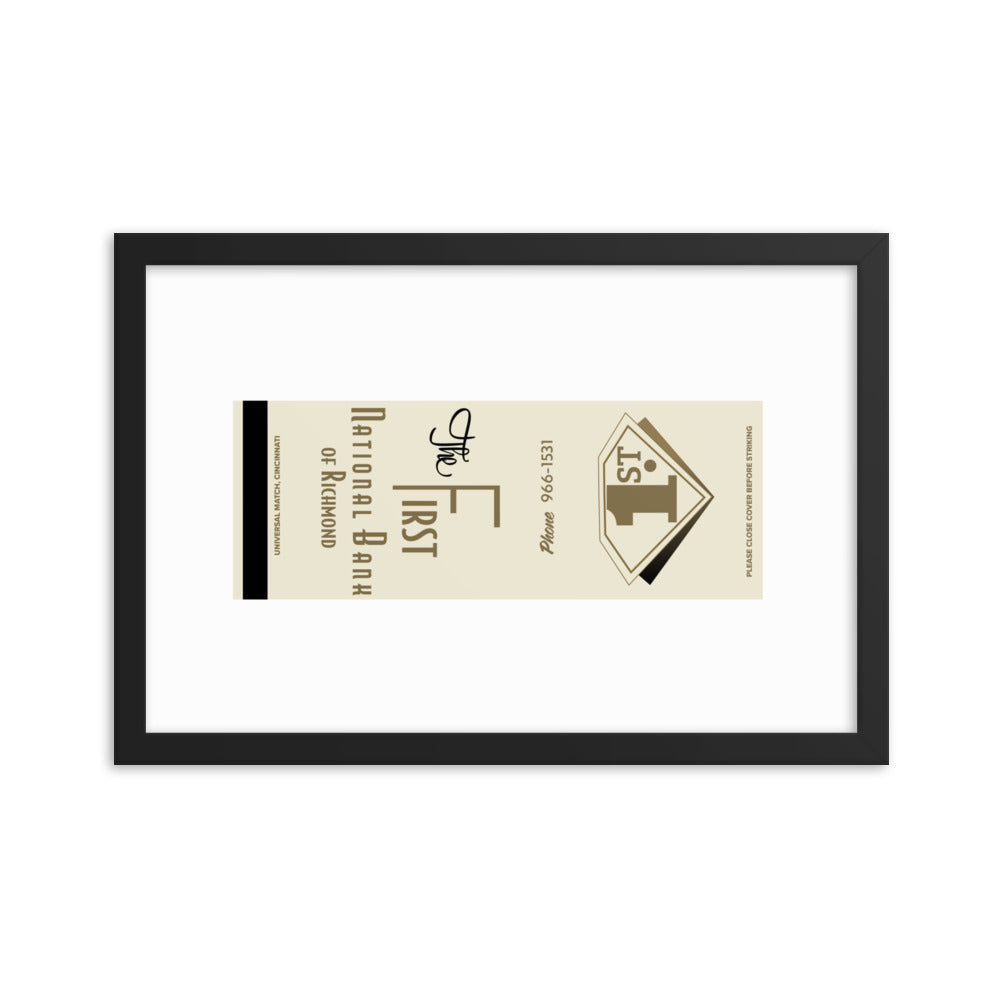 12” x 18” Vintage Inspired, Digitally Illustrated Matchbook Art, The First National Bank of Richmond, Indiana, Retro Poster with Frame