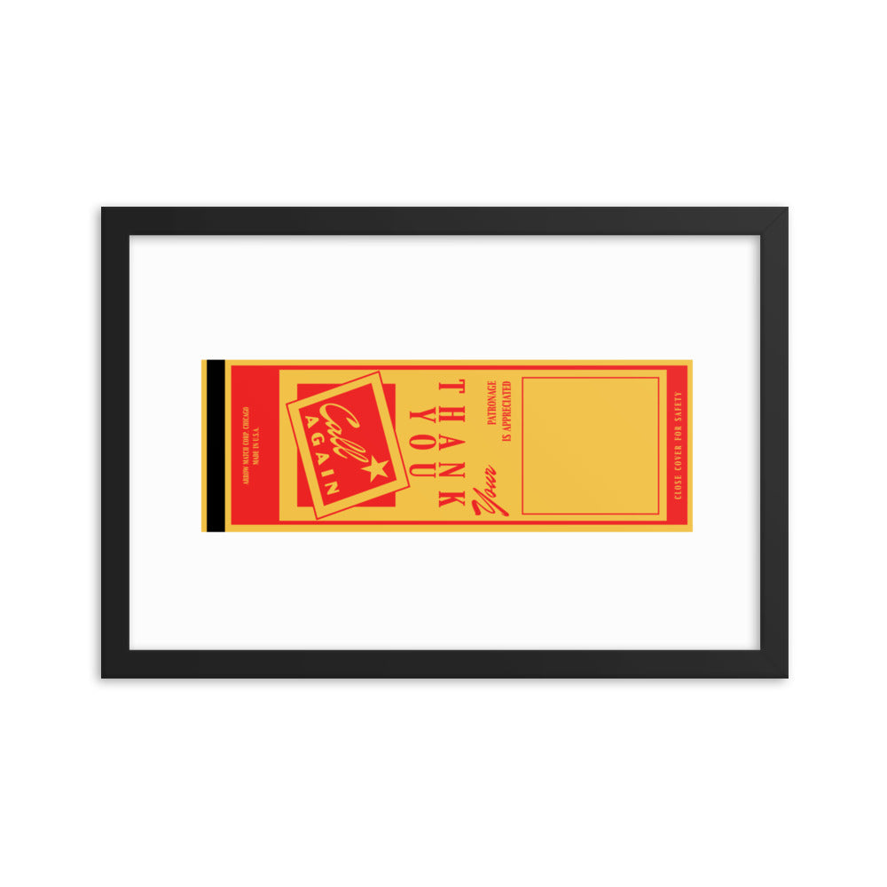 12” x 18” Vintage Inspired, Digitally Illustrated Matchbook Art, Thank You, Call Again, Retro Poster with Frame