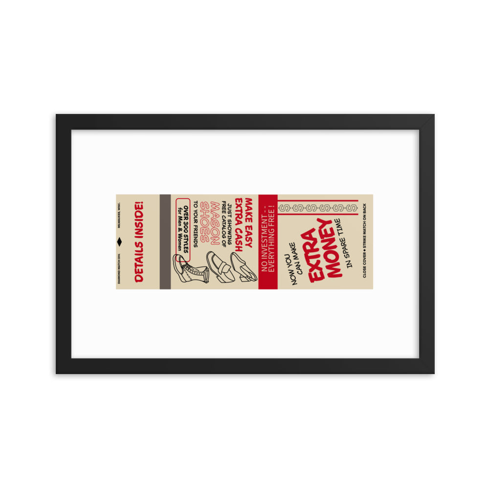 12” x 18” Vintage Inspired, Digitally Illustrated Matchbook Art, Mason Shoes, Retro Poster with Frame