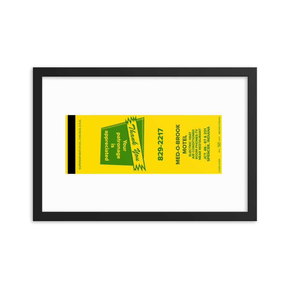 12” x 18” Vintage Inspired, Digitally Illustrated Matchbook Art, Med-O-Brook Motel, Spencer, Indiana, Retro Poster with Frame