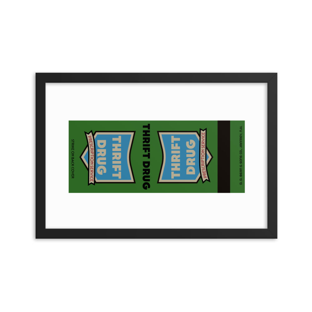 12” x 18” Vintage Inspired, Digitally Illustrated Matchbook Art, Thrift Drug Prescription Service, Retro Poster with Frame