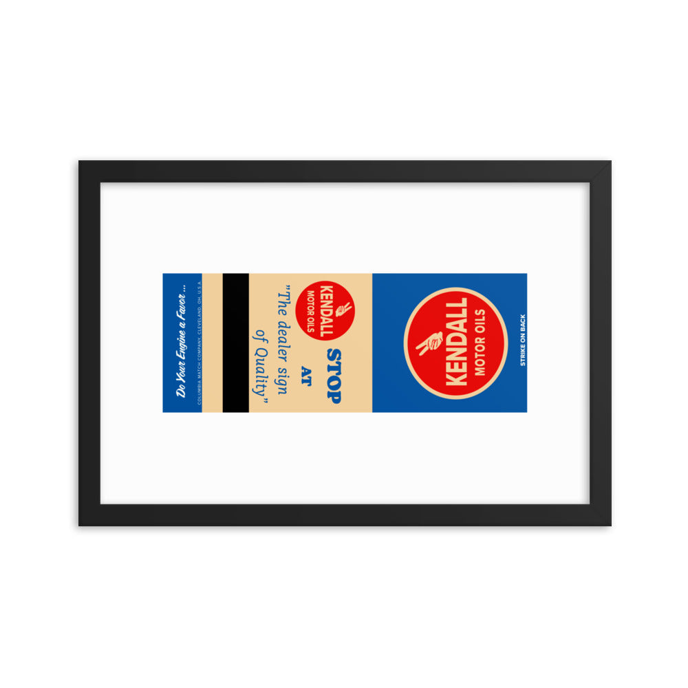 12” x 18” Vintage Inspired, Digitally Illustrated Matchbook Art, Kendall Motor Oils, Retro Poster with Frame
