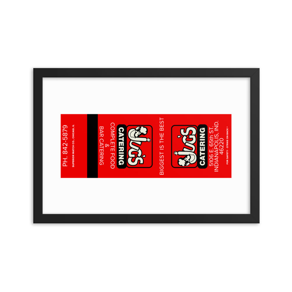 12” x 18” Vintage Inspired, Digitally Illustrated Matchbook Art, Jug’s Catering, Indianapolis, Indiana, Retro Poster with Frame