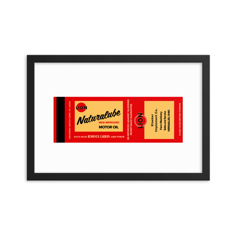 12” x 18” Vintage Inspired, Digitally Illustrated Matchbook Art, Lion Naturalube Motor Oil, Kloeker Implement Co. Versailles, Ohio, Retro Poster with Frame