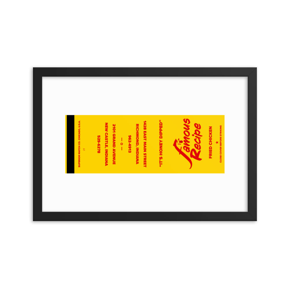 12” x 18” Vintage Inspired, Digitally Illustrated Matchbook Art, Famous Recipe Fried Chicken, Richmond & New Castle Indiana, Retro Poster with Frame