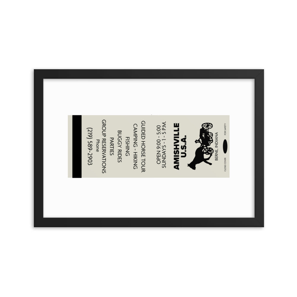 12” x 18” Vintage Inspired, Digitally Illustrated Matchbook Art, Amishville, USA, Berne, Indiana, Retro Poster with Frame