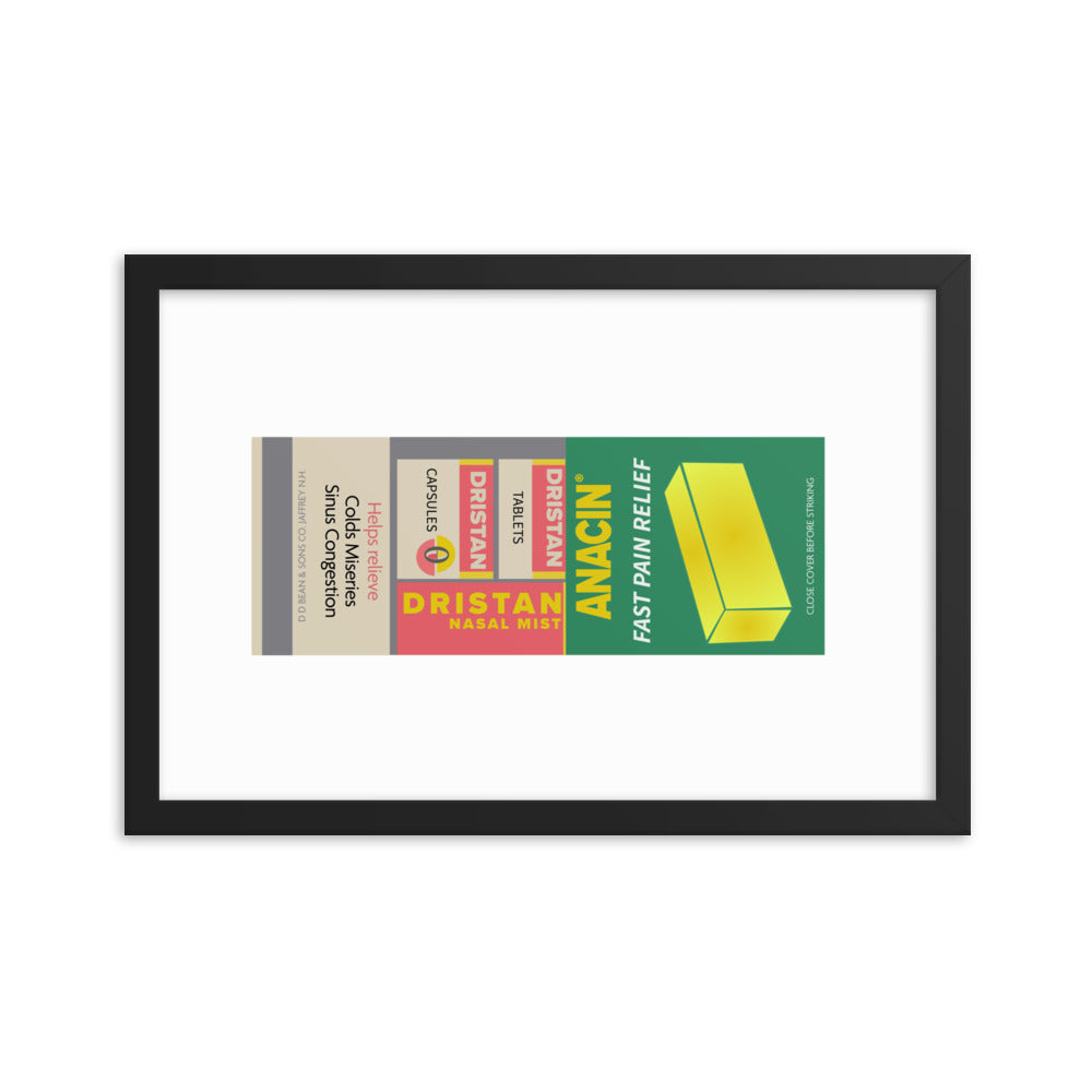12” x 18” Vintage Inspired, Digitally Illustrated Matchbook Art, Anacin Distran Nasal Mist, Retro Poster with Frame
