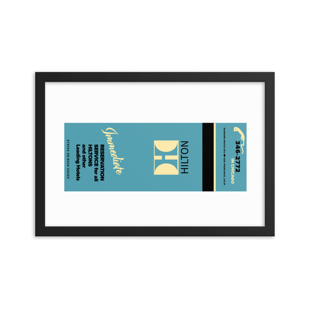 12” x 18” Vintage Inspired, Digitally Illustrated Matchbook Art, Hilton Hotels, Chicago, Illinois, Retro Poster with Frame
