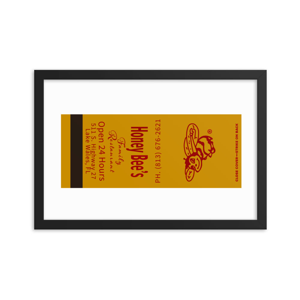 12” x 18” Vintage Inspired, Digitally Illustrated Matchbook Art, Honeybee’s Restaurant, Lake Wales, Florida, Retro Poster with Frame