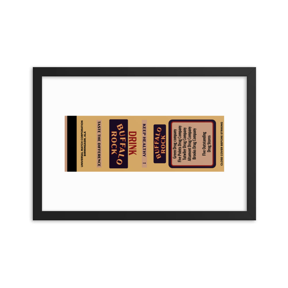 12” x 18” Vintage Inspired, Digitally Illustrated Matchbook Art, Buffalo Rock, Retro Poster with Frame