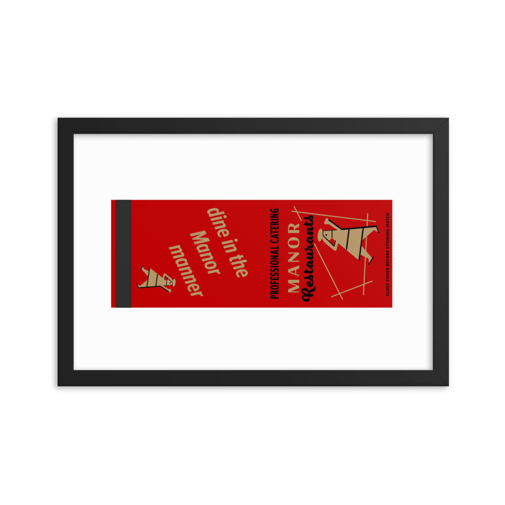 12” x 18” Vintage Inspired, Digitally Illustrated Matchbook Art, Manor Restaurants, Retro Poster with Frame