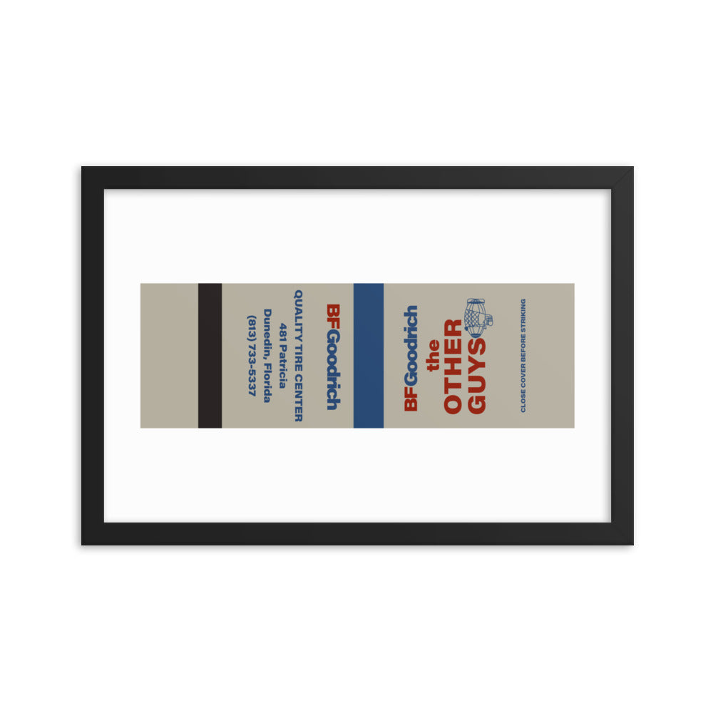 12” x 18” Vintage Inspired, Digitally Illustrated Matchbook Art, BF Goodrich, Dunedin, Florida, Retro Poster with Frame