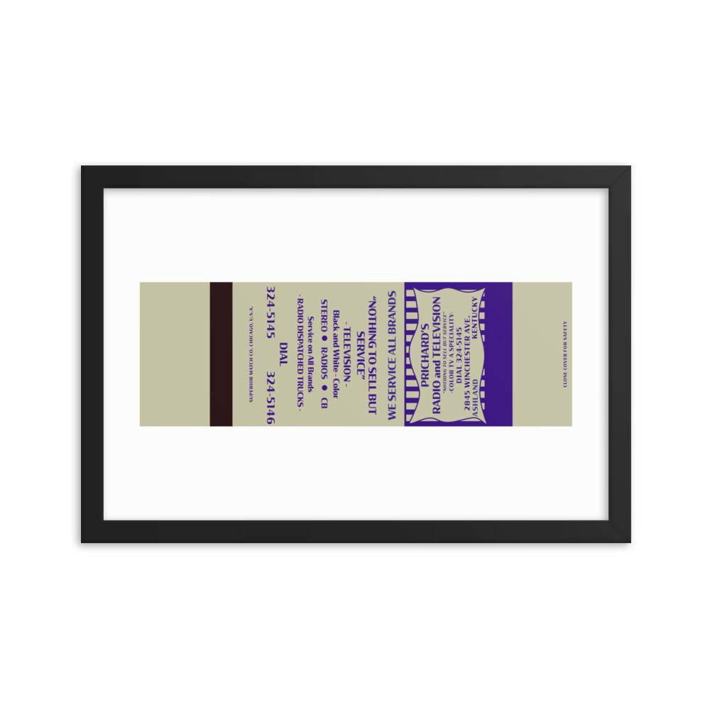 12” x 18” Vintage Inspired, Digitally Illustrated Matchbook Art, Prichard’s Radio & Television, Ashland, Kentucky, Retro Poster with Frame