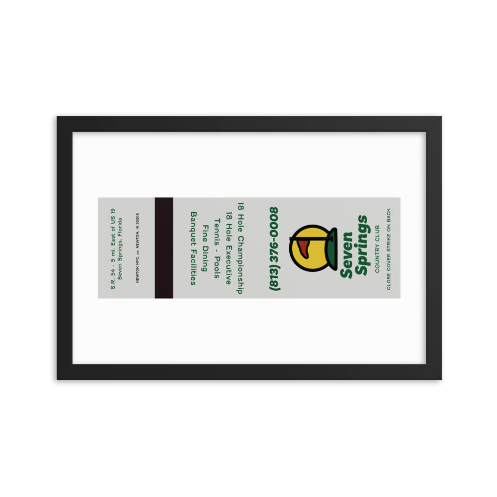 12” x 18” Vintage Inspired, Digitally Illustrated Matchbook Art, Seven Springs Country Club, Seven Springs, Florida, Retro Poster with Frame