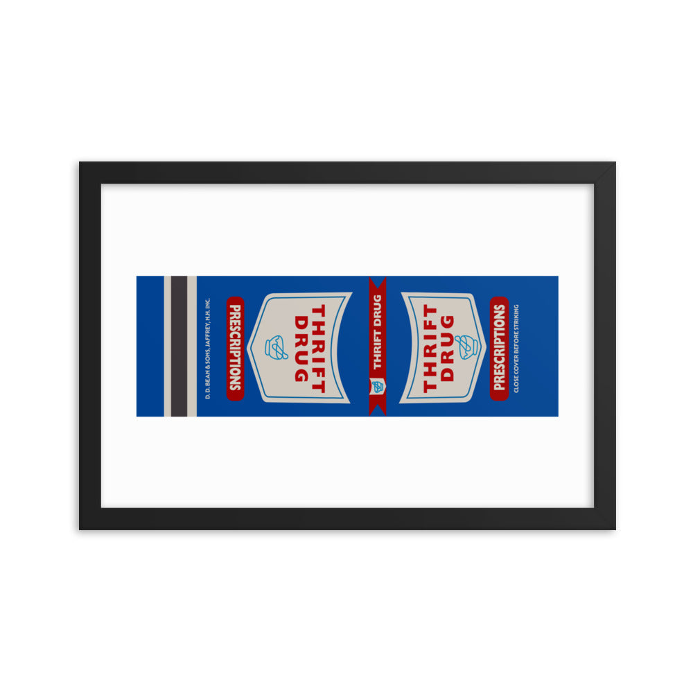 12” x 18” Vintage Inspired, Digitally Illustrated Matchbook Art, Thrift Drug Store, Retro Poster with Frame