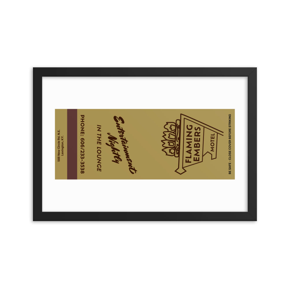 12” x 18” Vintage Inspired, Digitally Illustrated Matchbook Art, Flaming Embers Motel, New Circle Road, Lexington, Kentucky, Retro Poster with Frame