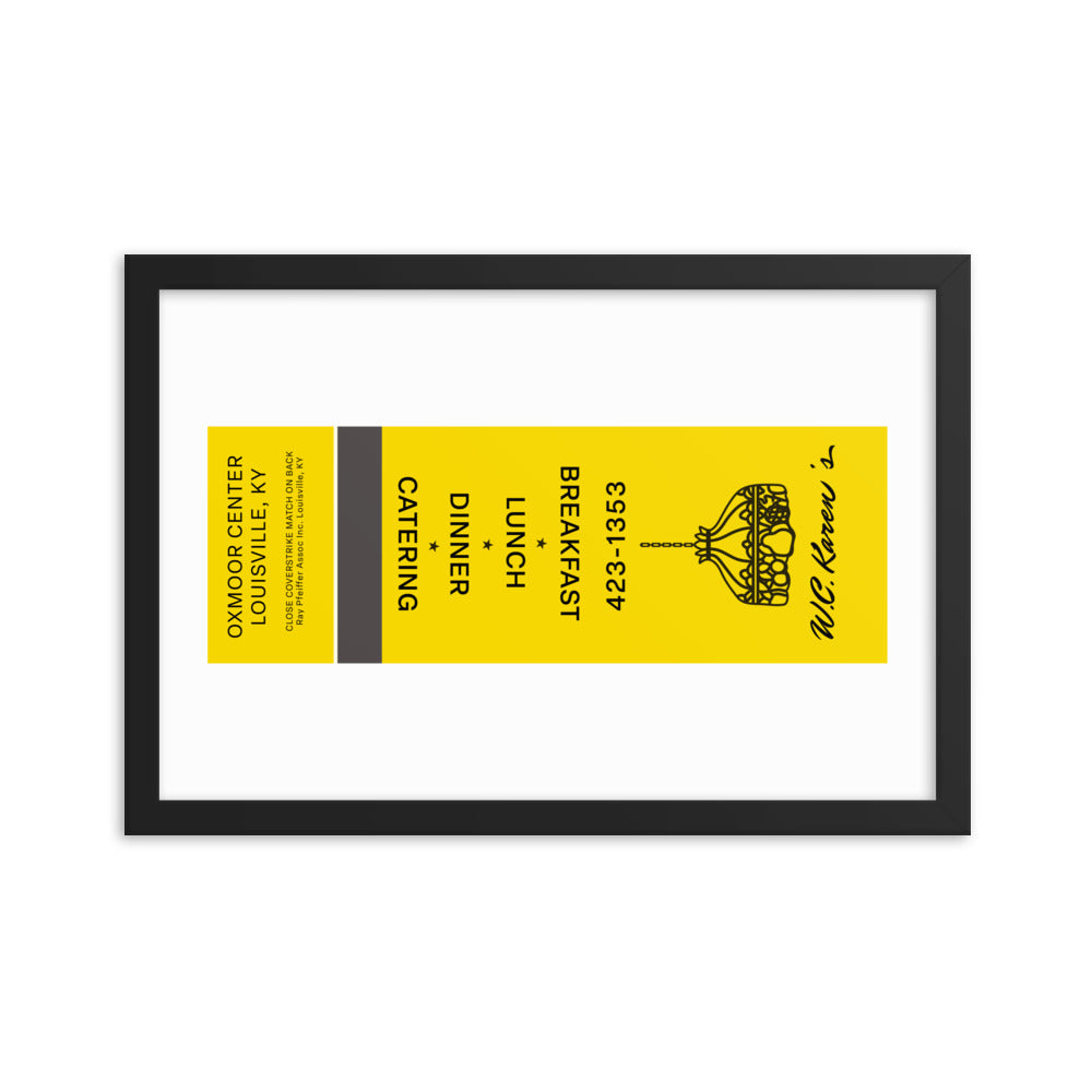 12” x 18” Vintage Inspired, Digitally Illustrated Matchbook Art, W. C. Karen’s, Breakfast, Lunch, Dinner, Catering, Center, Louisville, Kentucky, Retro Poster with Frame
