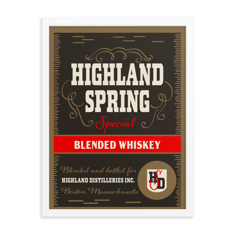 18” x 24” Vintage Inspired, Digitally Illustrated Product Label Art, Highland Springs Distilleries Special Blended Whiskey, Boston, Massachusetts, Framed Fine Art Print