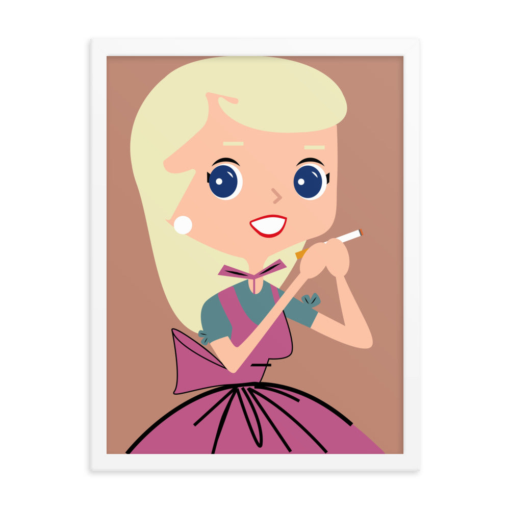 18” x 24” Framed Retro Vibin’ Housewife Poster of Light ‘Em Up Luna, “Two Packs A Day Keeps Everyone Away!”