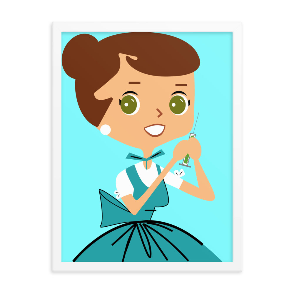 18” x 24” Framed Retro Vibin’ Housewife Poster of Jab It Jessica, “Hold Still!”