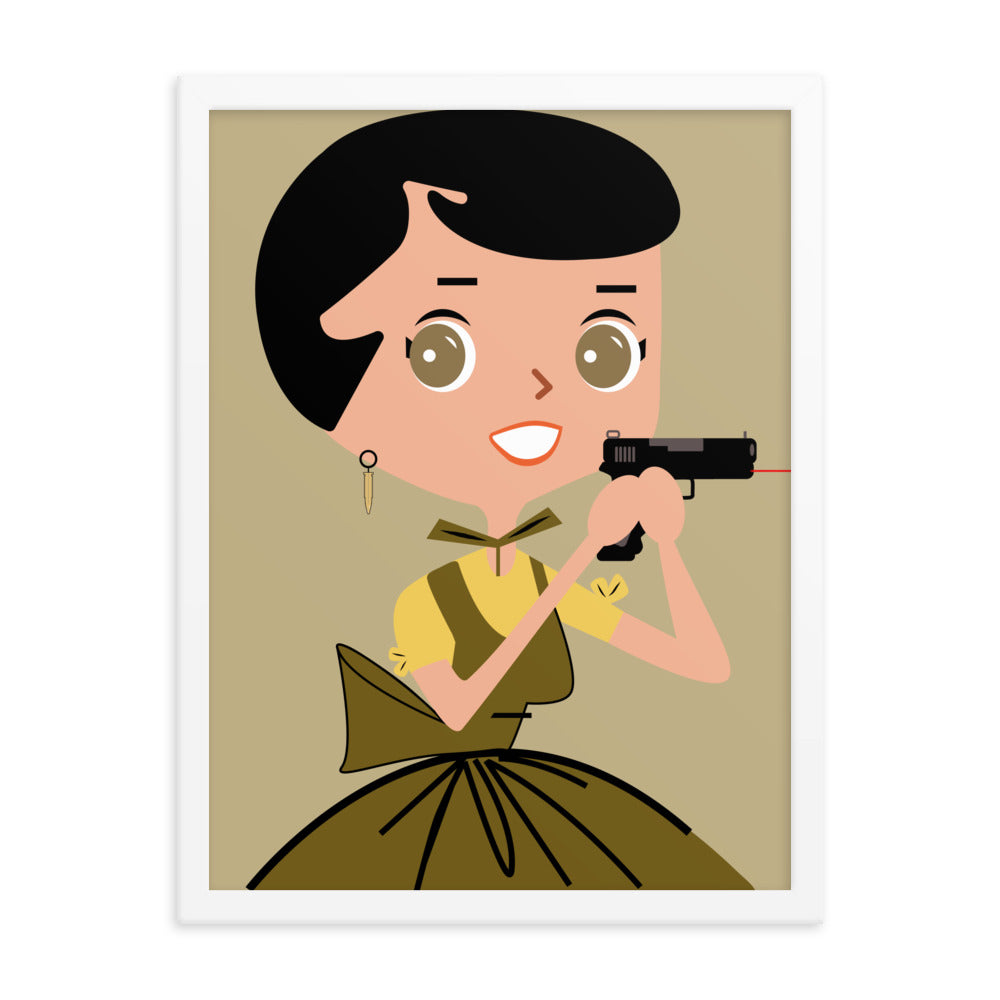 18” x 24” Framed Retro Vibin’ Housewife Poster of Pistol Pattie, “Make My Day!”