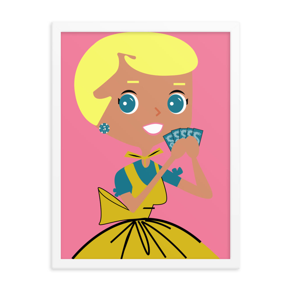 18” x 24” Framed Retro Vibin’ Housewife Poster of Card Shark Carrie, “I Got Five On It!”