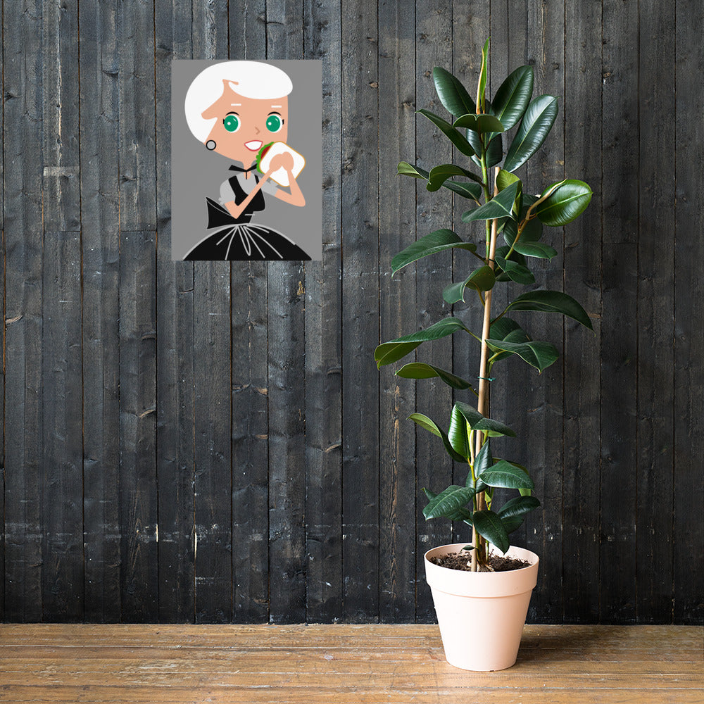 18” x 24” Vintage Inspired, Digitally Illustrated Character Art, Lunch Lady Lucy “I Like My Bread Like My Men; Dough For Days!”, Retro Poster