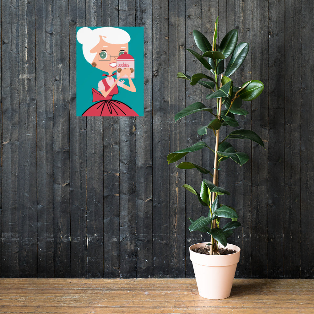 18” x 24” Vintage Inspired, Digitally Illustrated Character Art, Nana Nancy “Everyone Hates My Oatmeal Raisin Cookies”, Retro Poster