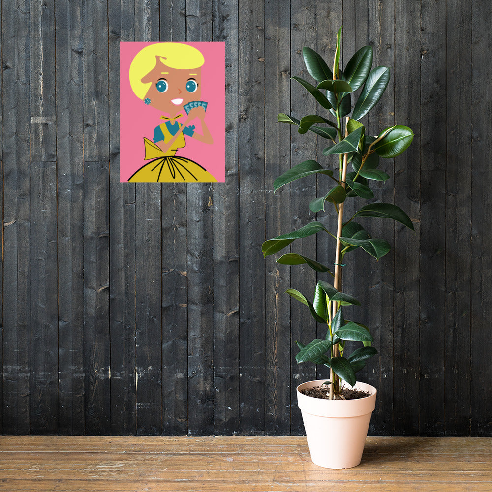 18” x 24” Vintage Inspired, Digitally Illustrated Character Art, Card Shark Carrie “I Got Five On It!”, Retro Poster