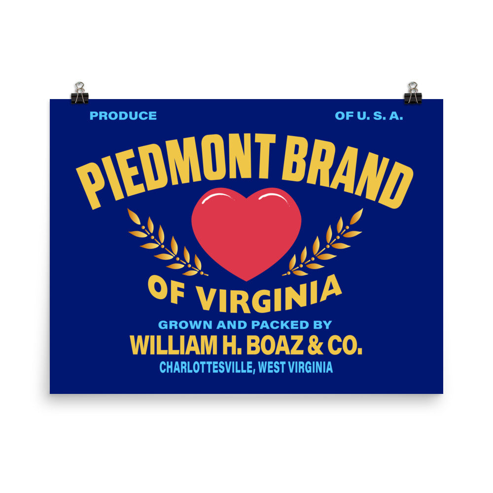 18” x 24” Vintage Inspired, Digitally Illustrated Product Label Art, Piedmont Brand Produce, Charlottesville, West Virginia, Retro Poster