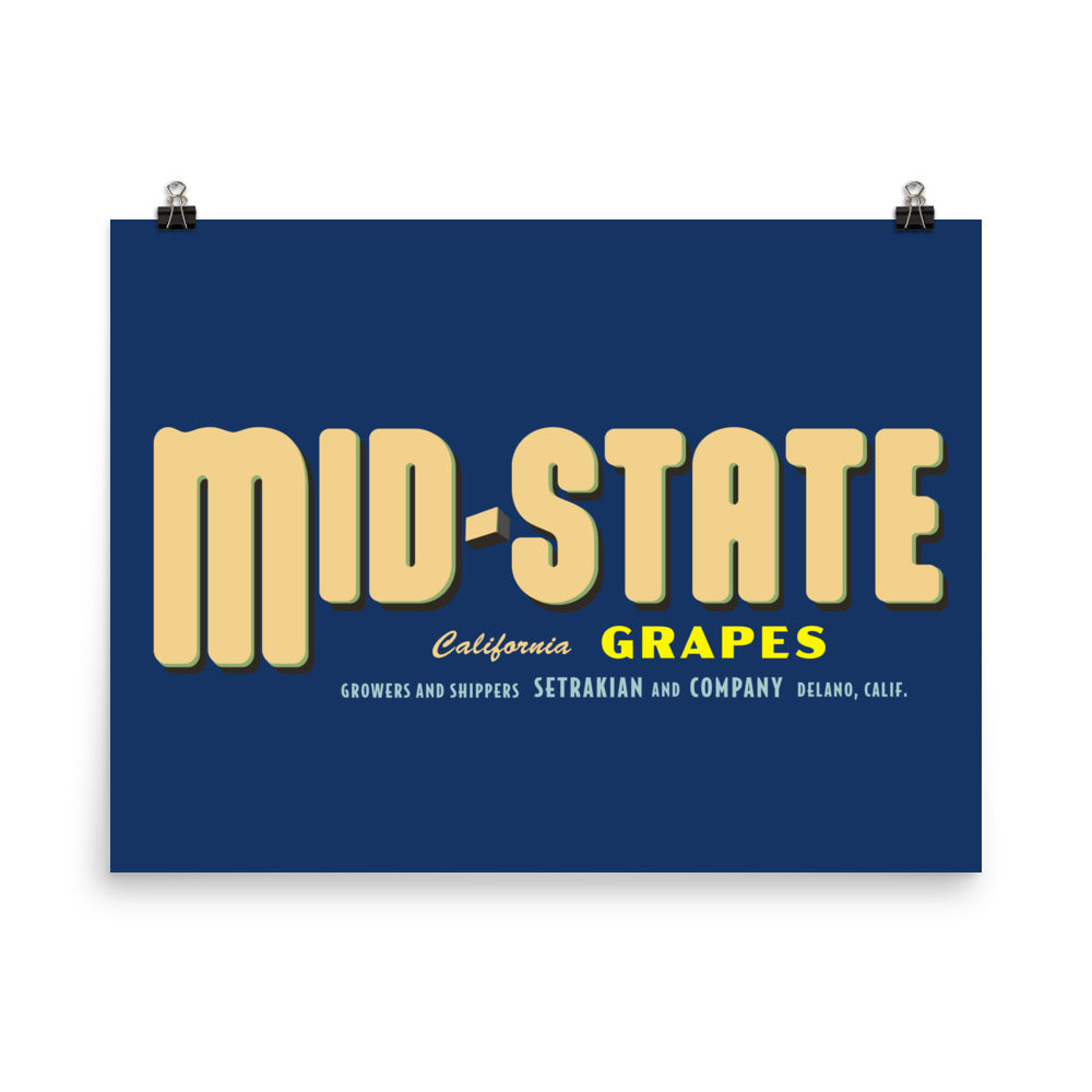 18” x 24” Vintage Inspired, Digitally Illustrated Product Label Art, Mid-State Grapes, Setrakian, Delano California, Retro Poster