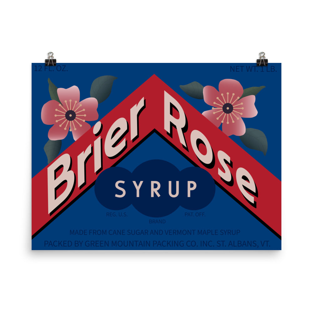 18” x 24” Vintage Inspired, Digitally Illustrated Product Label Art, Brier Rose Syrup, Green Mountain Packing Co. St. Albans, Vermont, Retro Poster