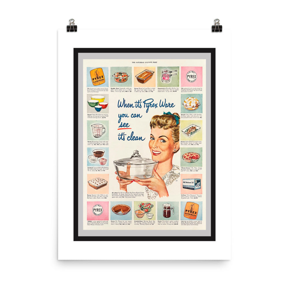 18” x 24” Vintage, Digitally Enhanced, Product Magazine Advertisment, Pyrex, Corning Glassworks, Corning, New York, Retro Poster