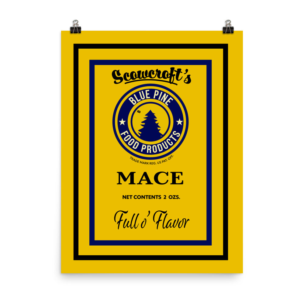 18” x 24” Vintage Inspired, Digitally Illustrated Product Label Art, Scowcroft’s Mace, Blue Pine Food Products, Retro Poster
