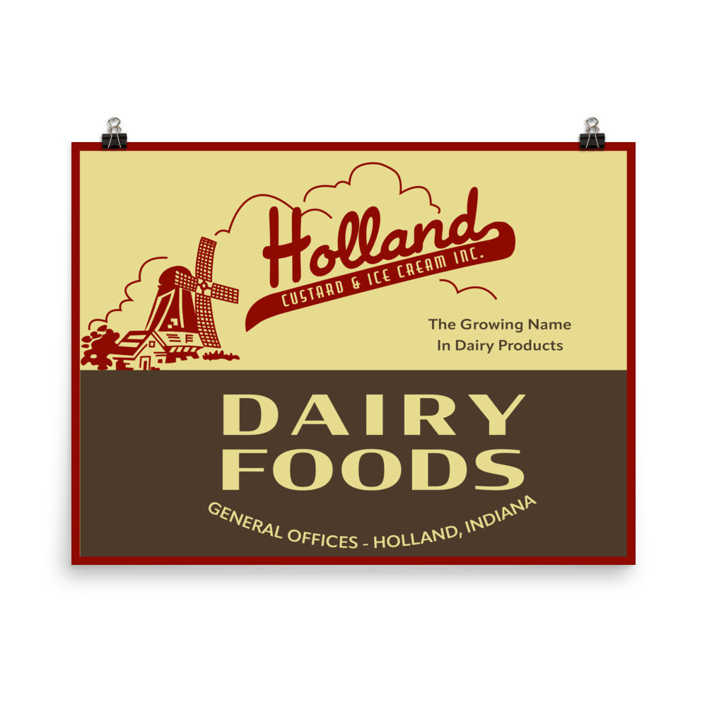 18” x 24” Vintage Inspired, Digitally Illustrated Product Label Art, Holland Custard & Ice Cream Inc. Holland, Indiana, Retro Poster