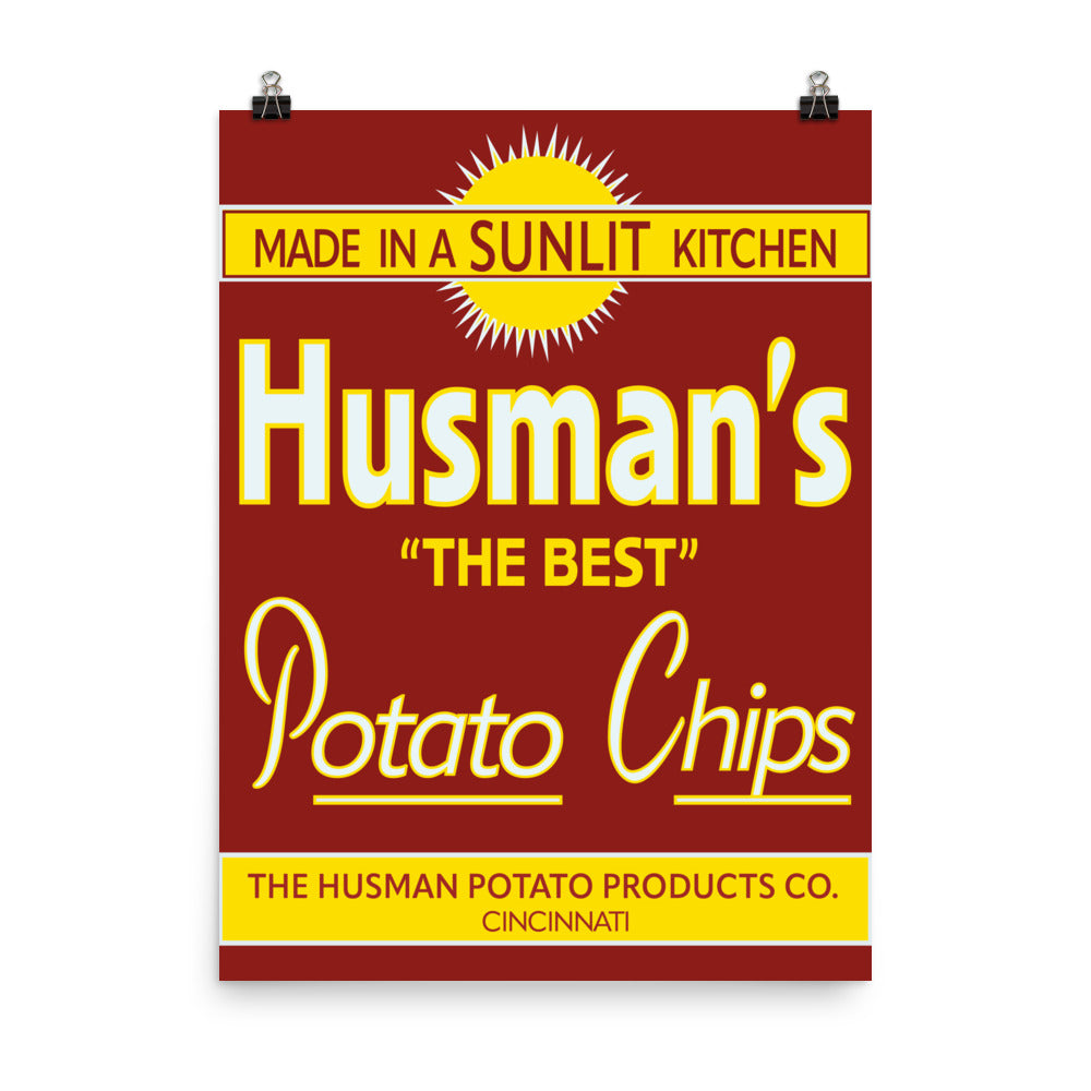 18” x 24” Vintage Inspired, Digitally Illustrated Product Label Art, Husman’s Potato Chips, The Husman Potato Products Co. Cincinnati, Ohio, Retro Poster