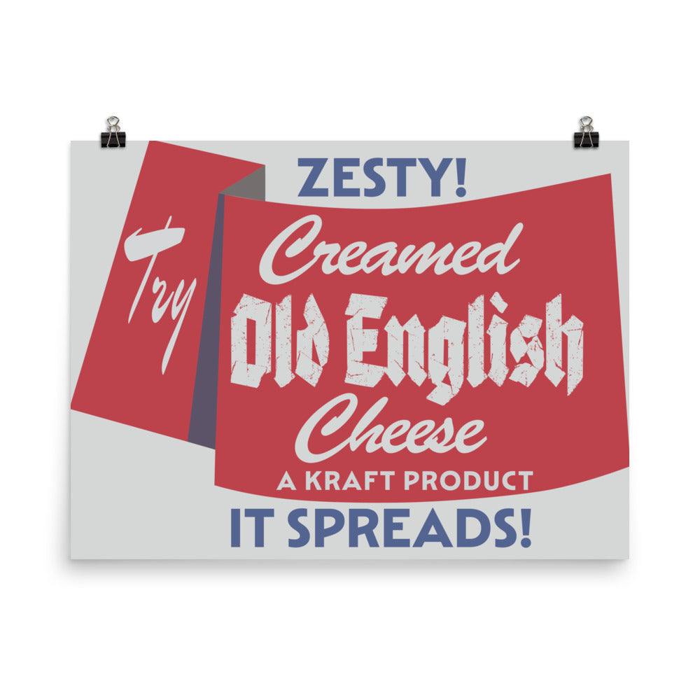 18” x 24” Vintage Inspired, Digitally Illustrated Product Label Art, Old English Cream Cheese, Kraft Products, Retro Poster