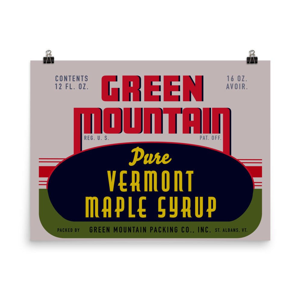 18” x 24” Vintage Inspired, Digitally Illustrated Product Label Art, Vermont Maple Syrup, Green Mountain Packing Co. St. Albans, Vermont, Retro Poster