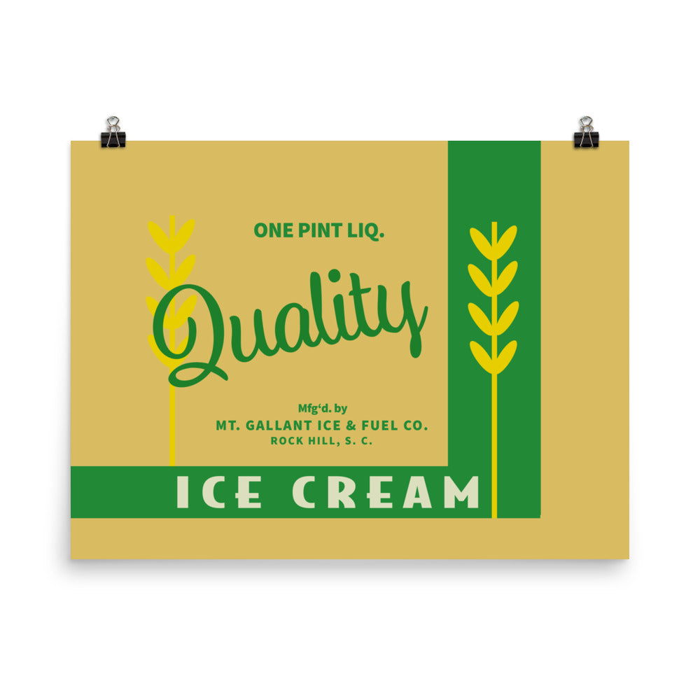 18” x 24” Vintage Inspired, Digitally Illustrated Product Label Art, Quality Ice Cream, Mt. Gallant Ice & Fuel Co. Rock Hill, South Carolina, Retro Poster
