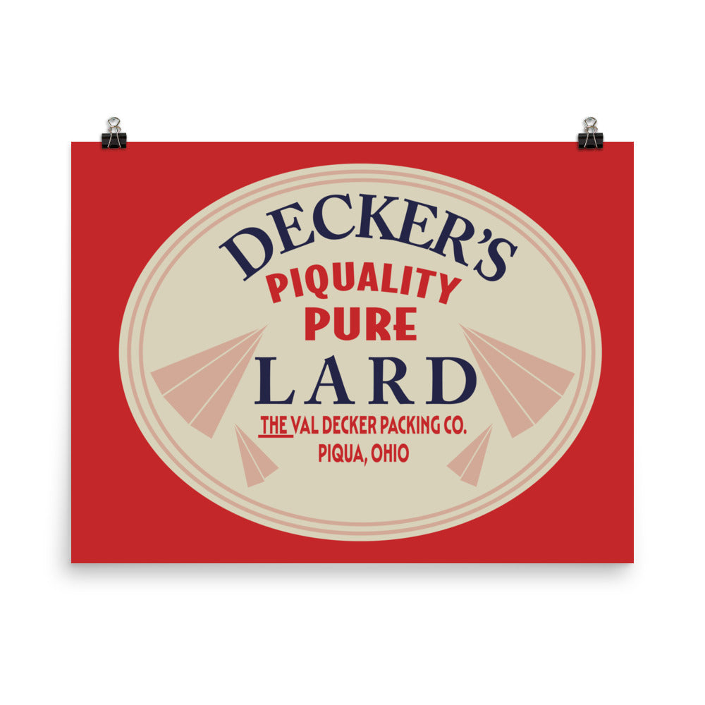 18” x 24” Vintage Inspired, Digitally Illustrated Product Label Art, Decker’s Lard, The Val Decker Packing Co. Piqua, Ohio, Retro Poster