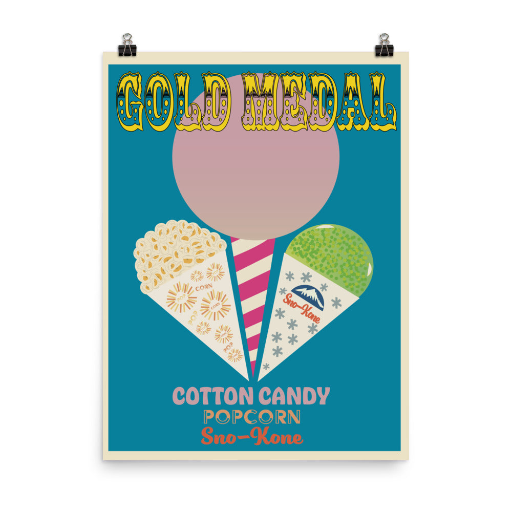 18” x 24” Vintage Inspired, Digitally Illustrated Product Advertisement Art, Gold Medal Cotton Candy, Popcorn & Sno-Kone, Retro Poster